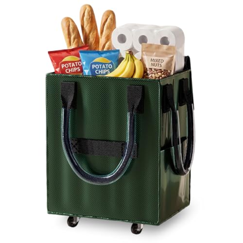 Reusable Grocery Bag on Wheel, Foldable Shopping Cart with Wheels, Can Carry up to 88 Pounds, Suitable for Groceries, Laundry, Camping and Moving. - color: Green -Medium