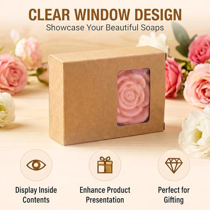 Spakon 30 Pcs Brown Soap Boxes with Window, 3.5x2.6x1.2 Inch Kraft Paper - color: Brown
