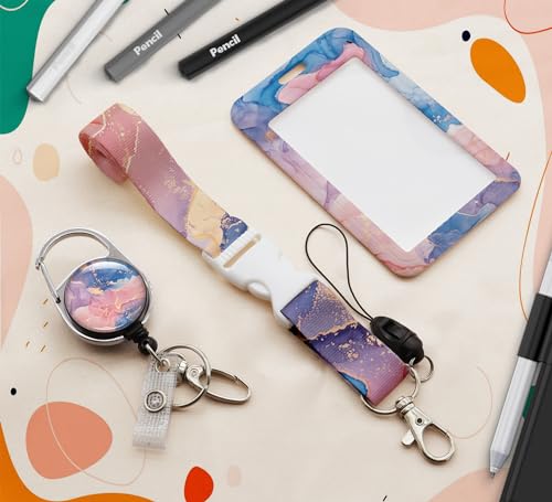 ID Badge Holder with Lanyard,Retractable ID Badge Card Holders Detachable Neck Lanyard Strap with Badge Reel and Vertical ID Holder for Nurse Students Teachers Office Staff(Marble 5) - color: Marble 5