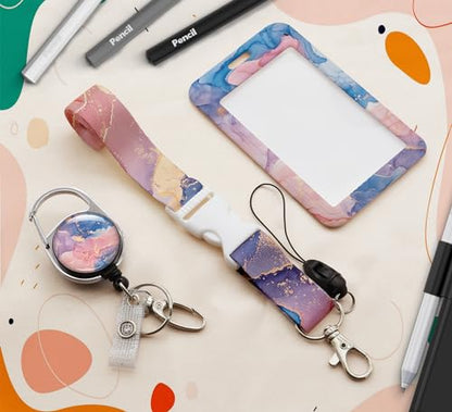 ID Badge Holder with Lanyard,Retractable ID Badge Card Holders Detachable Neck Lanyard Strap with Badge Reel and Vertical ID Holder for Nurse Students Teachers Office Staff(Marble 5) - color: Marble 5