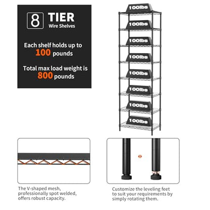 SINGAYE 8 Shelves Storage Wire Shelf Closet Metal Shelving Pantry Wheels - color: Black, size: 8Tier/12"D X 22"W X 74"H