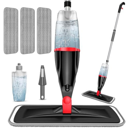 Spray Mops for Floor Cleaning: Hardwood Floor Mop Wet Mop & 3 Washable Pads - color: Red/Black