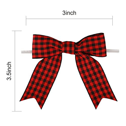 Meseey 50 Pcs 3 Inch Grosgrain Ribbon Twist Ties & Bows - Black & Red Buffalo Plaid Check Premade Craft Bows for Treat Bags & Gift Wrapping - Christmas Party - color: Red and black