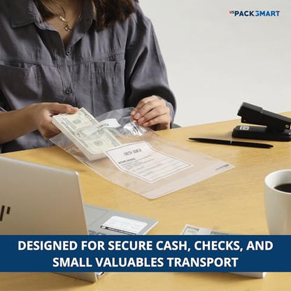 Clear Bank Deposit Bags 8.5"x8" 100-pack | Secure Bank Cash Transmittal Envelopes for Cash, Coins, Credit Cards, Checks, and More | Numbered, Self-Sealing, and Permanent Adhesive - size: 8.5" x 8"