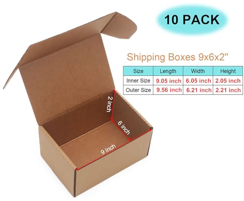 10 Pack Small Shipping Boxes for Packaging & Shipping 9x6x2'' (inner size) - size: 9 x 6 x 2 inches 10 pack