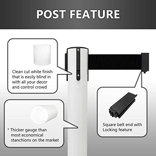 VIP Crowd Control Retractable Belt Stanchion Queue Safety Barrier Set, 36" Ht, 78" Belt (2 WHT Posts Black Belt) - color: 2 WHT Posts Black Belt