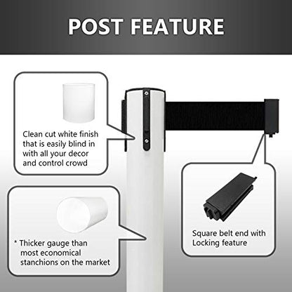 VIP Crowd Control Retractable Belt Stanchion Queue Safety Barrier Set, 36" Ht, 78" Belt (2 WHT Posts Black Belt) - color: 2 WHT Posts Black Belt
