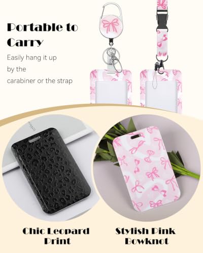 Uniclife Cute ID Badge Holder with Lanyard - color: Black Leopard Print & Pink Bowknot