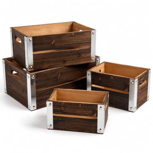 4 Pack Espresso Brown Nesting Wood Storage Crates with Cutout Handles - color: Espresso Brown