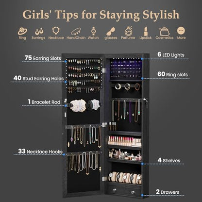 DUMOS 6 LEDs Mirror Jewelry Organizer Cabinet, Jewelry Armoire, 47.2 Inch - color: Black