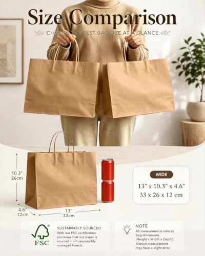 qiqee 13"x4.5"x10" Large Gift Bag with Handles Bulk 100PCS Gift Paper Bags Brown Bags Multiple Uses (Wide Large) - size: Wide Large - 100 Packs