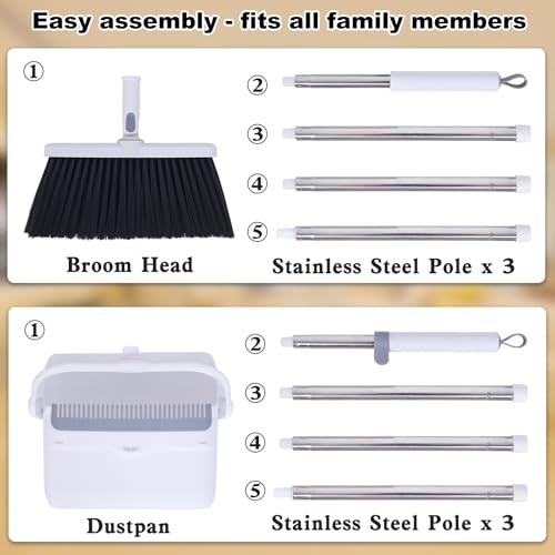 Heavy Duty Broom and Standing Dustpan Combo Set, Rotatable Head Dust Pan and Brush Set with Collapsible Handle, Cleaning Teeth, Hanging Loop, Ideal for Pets, RV, Kitchen, Camping, Outdoor Floor, White