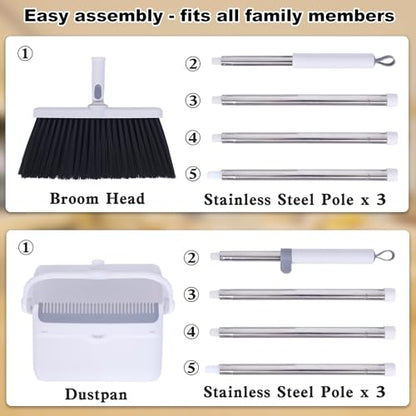 Heavy Duty Broom and Standing Dustpan Combo Set, Rotatable Head Dust Pan and Brush Set with Collapsible Handle, Cleaning Teeth, Hanging Loop, Ideal for Pets, RV, Kitchen, Camping, Outdoor Floor, White