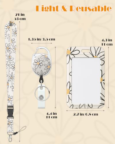 Uniclife Floral Sliding Badge Holder White Flower Plastic Case with Retractable Badge Reel Carabiner Clip & Detachable Lanyard Strap Fashionable Vertical Card Protector for Women Nurse Teacher Student - color: Beige Base Daisy