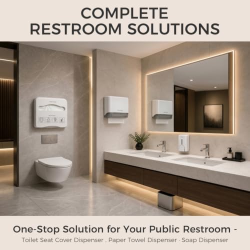 Commercial Toilet Seat Cover Dispenser Wall Mounted No Drilling Toilet Tissue Cover Holder with Key Lock & Keyless Access, High Impact ABS Plastic for Public Restrooms (White)