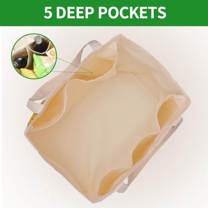 Aesthetic Canvas Reusable Grocery Bags Heavy Duty, 8.3 gal Foldable Large Tote Bag with Handles, Holds 60 lbs & Washable Eco-friendly Bags with 5 Pockets, Beige with a print 1 Bags（Wildflowers） - color: [A4] Flower, size: 1 Pack