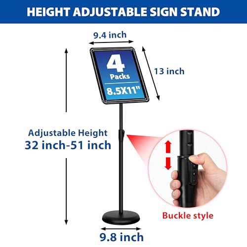 4Pack 8.5x11 Sign Stand - Adjustable Floor Standing Sign Holder - color: Black, size: 8.5"x11"-4Pack
