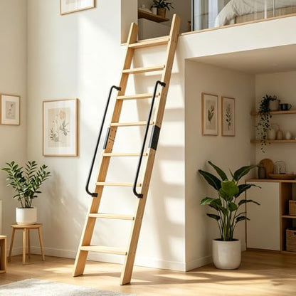 8.8FT Solid Wood Rolling Library Ladder, Industrial Style Loft Ladder with Double Handrails, 8 Steps Attic Ladder, 660LBS High Capacity, for Attic, Warehouse, Library, Bookshelf, Kitchen (8.8ft) - size: 8.8ft