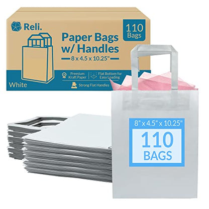Reli. White Paper Bags | 110 Pcs Bulk | 8"x4.5"x10.25" | White Paper Bags With Handles | Kraft, Small Gifts, Shopping, Retail, Merchandise