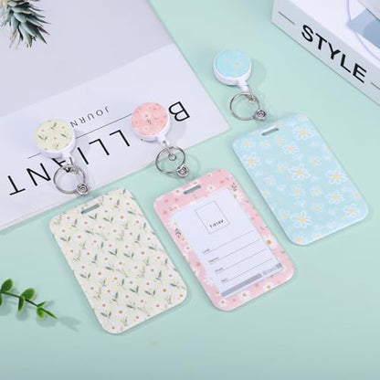 3 Pack Floral Retractable Badge Holder Set, Vertical Id Card Holders - color: Small Daisy