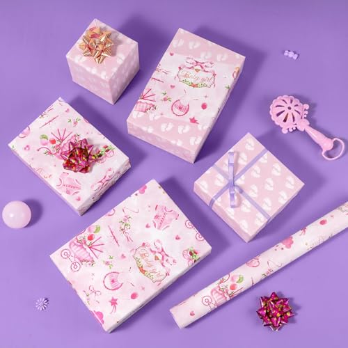 WERNNSAI Baby Girl Wrapping Paper Roll - 9.8 ft Baby Shower Wrap Paper - color: Girl Baby-9.84 ft