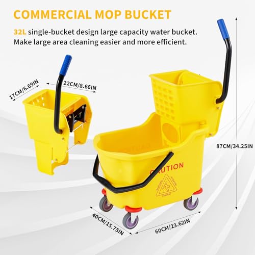 Heavy Duty 32L Commercial Mop & Bucket Set – Double Bucket System with Side Press Wringer, Wheels for Easy Mobility – High Capacity, Durable – Ideal for Industrial, Janitorial, Office,