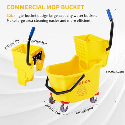 Heavy Duty 32L Commercial Mop & Bucket Set – Double Bucket System with Side Press Wringer, Wheels for Easy Mobility – High Capacity, Durable – Ideal for Industrial, Janitorial, Office,