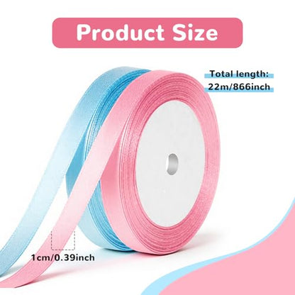 2 Rolls Pink and Blue Ribbon, Light Blue Ribbon, Pink Ribbons for Gift Wrapping Light Double Faced Satin Ribbons, Fabric for Flowers, DIY Crafts, Birthday Cakes, Holiday Decorations