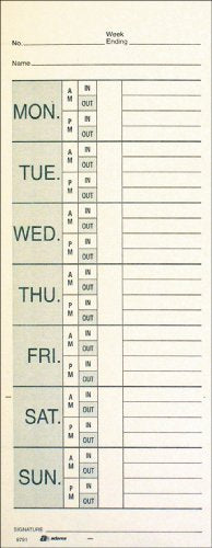 Adams Time Cards, Weekly, 2-Sided, Overtime Format, Named Days, 3-3/8" x 9", Manila, Green/Red Print, 200-Count (9791-200) - size: 3-3/8" x 9"