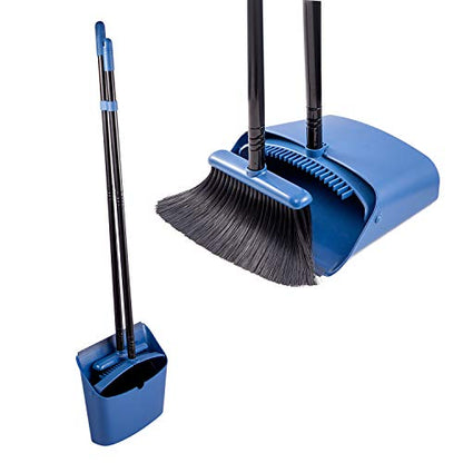 Long Handled Dustpan and Brush, Broom and Dustpan Set, Household Dust pan Combo with 54 Inch Handle for Indoor Outdoor Household Cleaning and Sweeping (Blue) - color: Blue