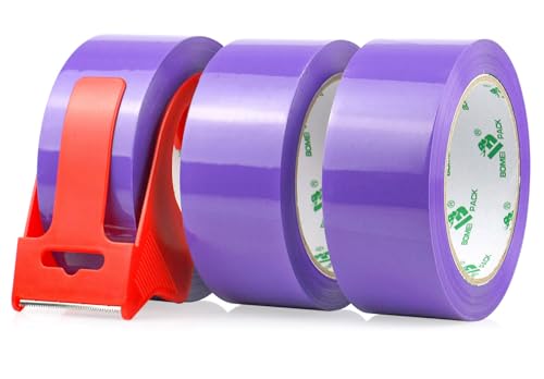 BOMEI PACK 3 Rolls Purple Heavy Duty Packing Tape with red Dispenser, Packaging Tape 1.88 Inches x 55Yards, 2.5mil Industrial Shipping Tape for Moving Shipping, Office & Storage - color: purple