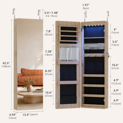HNEBC Over the Door Organizer, Jewelry Cabinet with Lights,Brown - color: 21-Brown