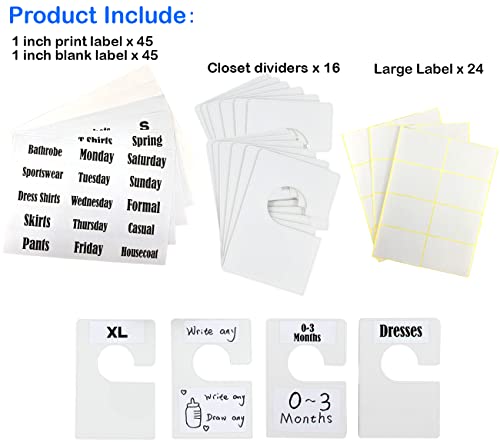 16 Pack White Clothing Rack Size Dividers Plus 60 Labels (1 Inch) and 16 Large Blank Labels, Large Rectangular Clothing Closet Dividers (Pearl White)