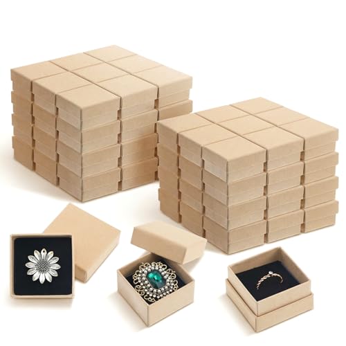 60 Pack Cardboard Ring Boxes, 2 x 2 x 1.26 Inch Square Jewelry Gift Boxes With Foam, Bulk Mini Earring Packaging For Weddings, Birthdays, and Retail Display, Brown