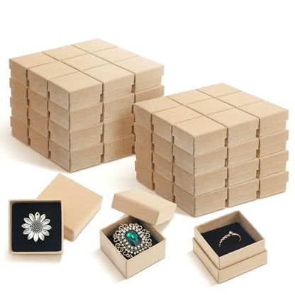 60 Pack Cardboard Ring Boxes, 2 x 2 x 1.26 Inch Square Jewelry Gift Boxes With Foam, Bulk Mini Earring Packaging For Weddings, Birthdays, and Retail Display, Brown