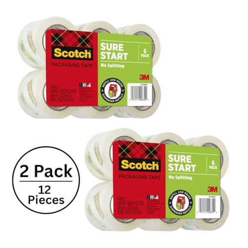 Scotch Sure Start Shipping Packaging Tape, 1.88" x 25 yd, Clear (12 Rolls) - size: 12 rolls