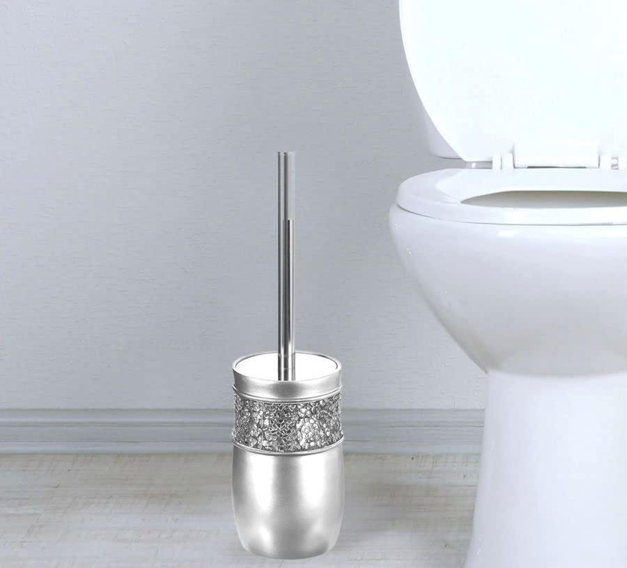 Creative Scents Crackled Glass Toilet Brush with Holder - Silver Toilet Bowl Cleaner Brush and Holder - Good Grip, Deep Cleaning, Decorative Design Compact Toilet Bowl Scrubber