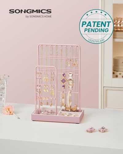 SONGMICS Jewelry Holder, Display Stand, Metal Frame, Velvet Tray - color: Jelly Pink, size: 4.5"D x 7.7"W x 12.1"H