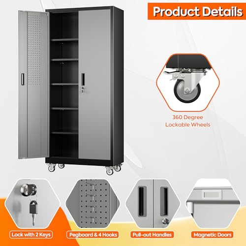 71 in Garage Storage Cabinet with Wheels, Black and Dark Grey - color: Black-dark Gray, size: 16"D x 32"W x 71"H