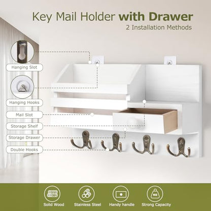 Key Holder Wall Mount, Wooden Key and Mail Organizer, White - color: White