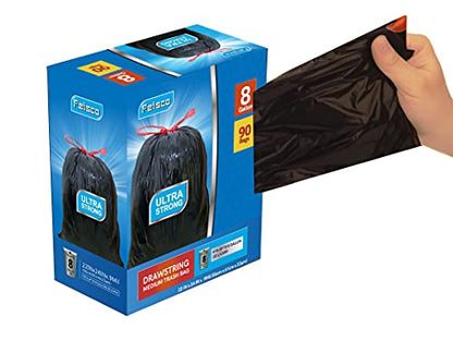 Feisco 8 Gallon Black Trash Bag,30L Drawstring Garbage Bag Trash Can Liner,90 Counts,0.9 Mil (8 Gallon, Black) - size: 1 Count (Pack of 1)