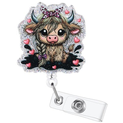 Funny Bow Highland Cow Nurse Badge Reel, Cute Retractable ID Badge Holder - color: Highland Cow