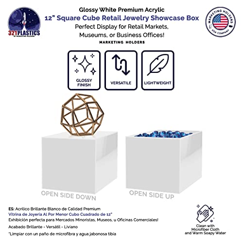 Marketing Holders 2 Pack 12 Inch White Acrylic Display Box with One Open Side Versatile Square Merchandise Storage Bin or Retail Product Riser