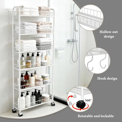6in 6 Tier Slim Rolling Storage Cart with Wheels, White - size: 6in White