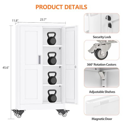 pozdeg 45.6" White Lockable Rolling Metal Garage Storage Cabinet - color: White, size: 11.8"D x 23.7"W x 45.6"H