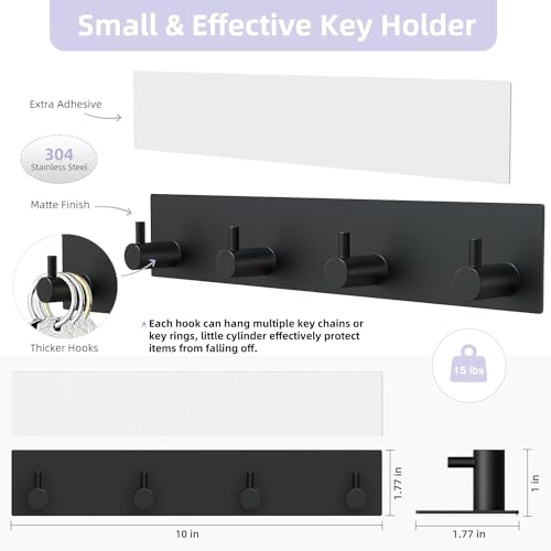 VIS'V Key Holder Wall Mount, Large Adhesive Key Hanger with 4 Hooks, Black - color: Black
