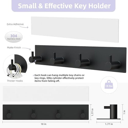 VIS'V Key Holder Wall Mount, Large Adhesive Key Hanger with 4 Hooks, Black - color: Black