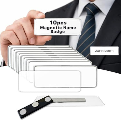CiLoN 10 Pack DIY Reusable Magnetic Name Badge Holder + Clear Acrylic Cover - color: White, size: 1" x 3"
