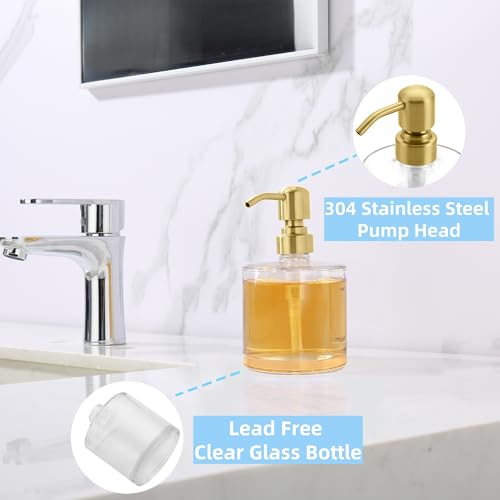Clear Glass Soap Dispenser with Rust Proof Stainless Steel Pump, Gold Refillable Liquid Hand Soap Dispenser for Bathroom, Kitchen (11Oz, Round) - color: Gold, size: 11 oz Round