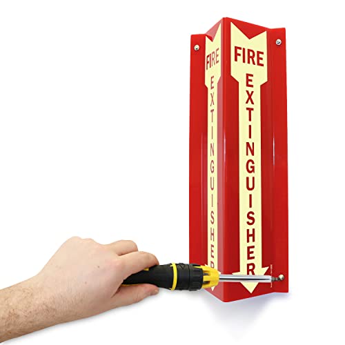 SmartSign "Fire Extinguisher" Two-Sided V-Shaped Projecting Sign with Down Arrow, 18 x 4 inch, 120 mil Thick Glow-In-The-Dark Polished Acrylic, Photoluminescent - color: #2. Glow-in-the-Dark Red Acrylic